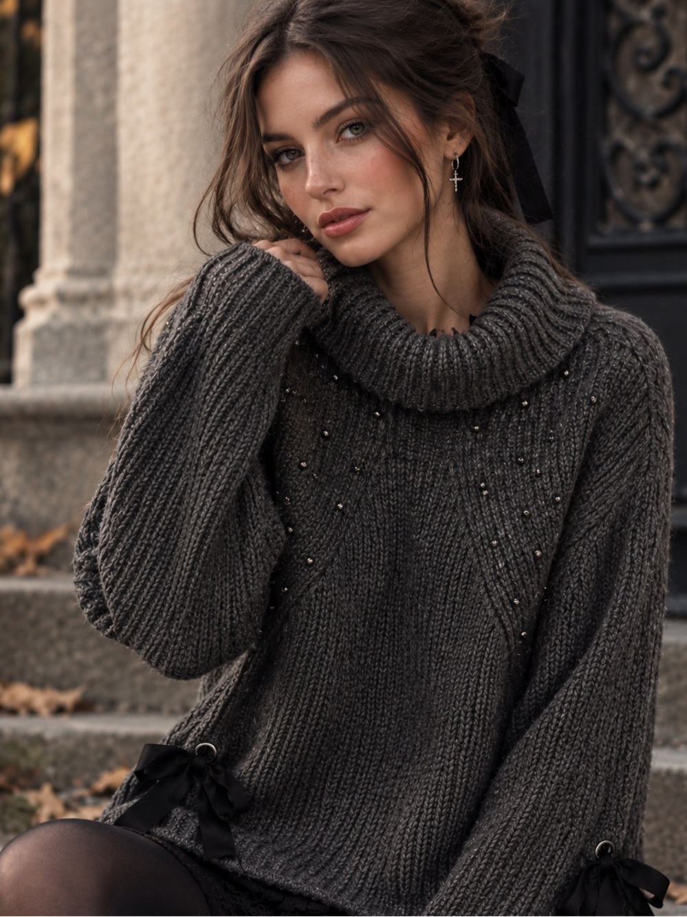 Cozy Chunky Charcoal Bead-Embellished Turtleneck Sweater Goth Romantic Size XL
